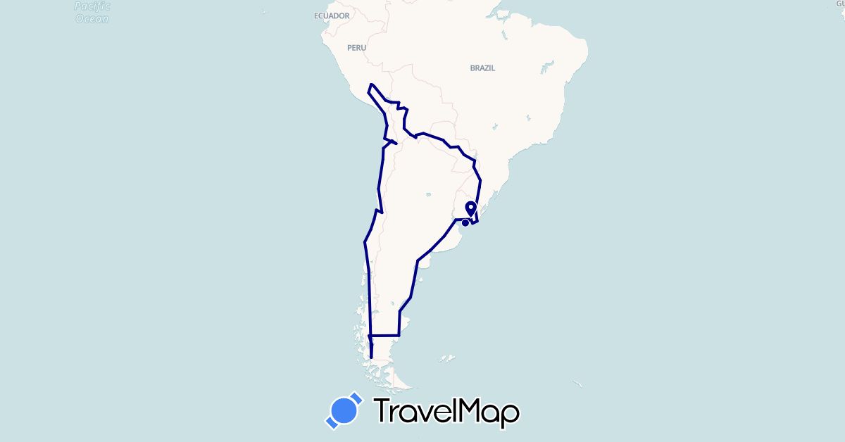 TravelMap itinerary: driving in Argentina, Bolivia, Brazil, Chile, Peru, Paraguay, Uruguay (South America)
